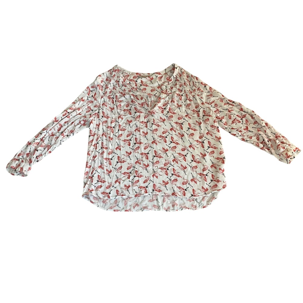 My Danielle Blouse Womens XL White Red Crane Print Smocked Rayon